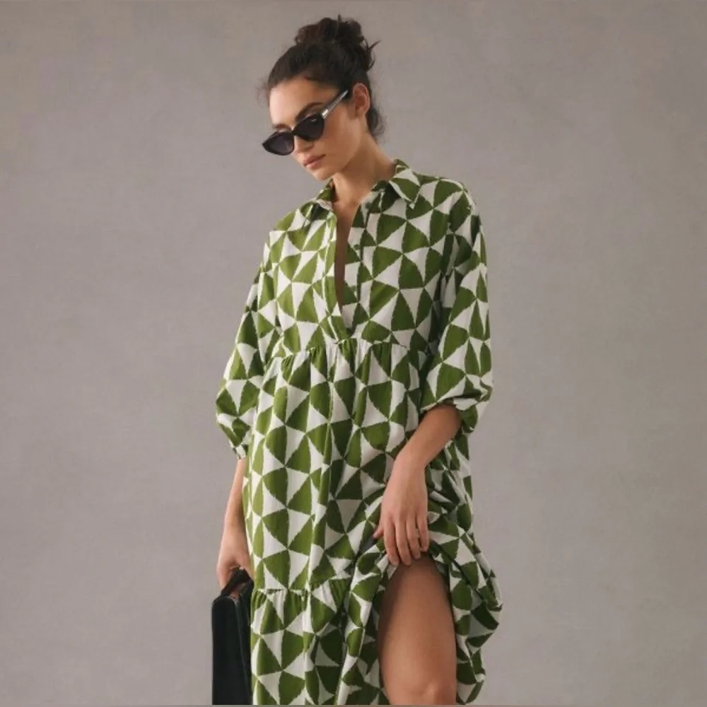 MAEVE by ANTHROPOLOGIE Bettina Green Geometric Print Tiered Dress Small S NWOT - Picture 2 of 6